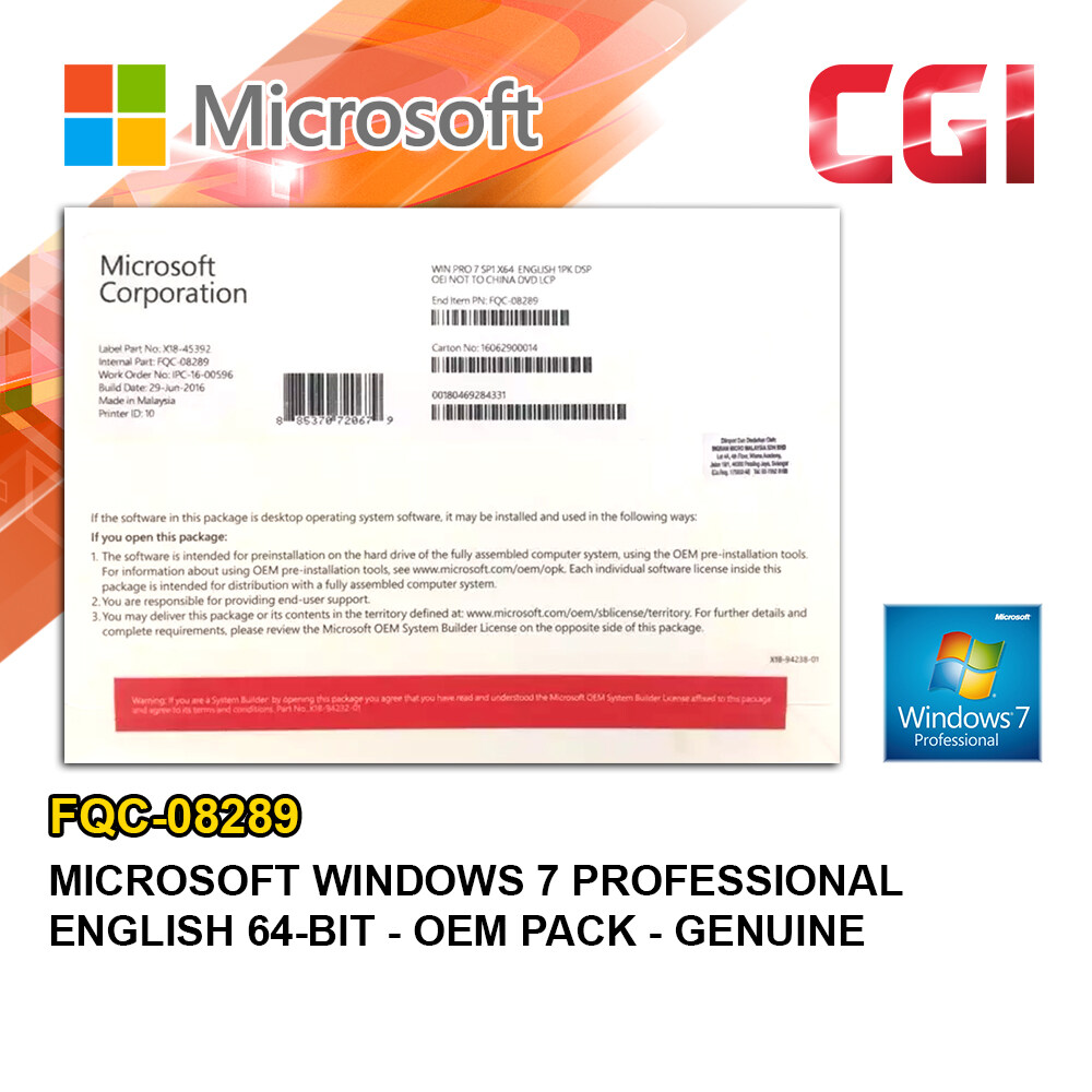 Microsoft Windows 7 Professional English 64-bit - OEM Pack - (FQC-08289) Genuine