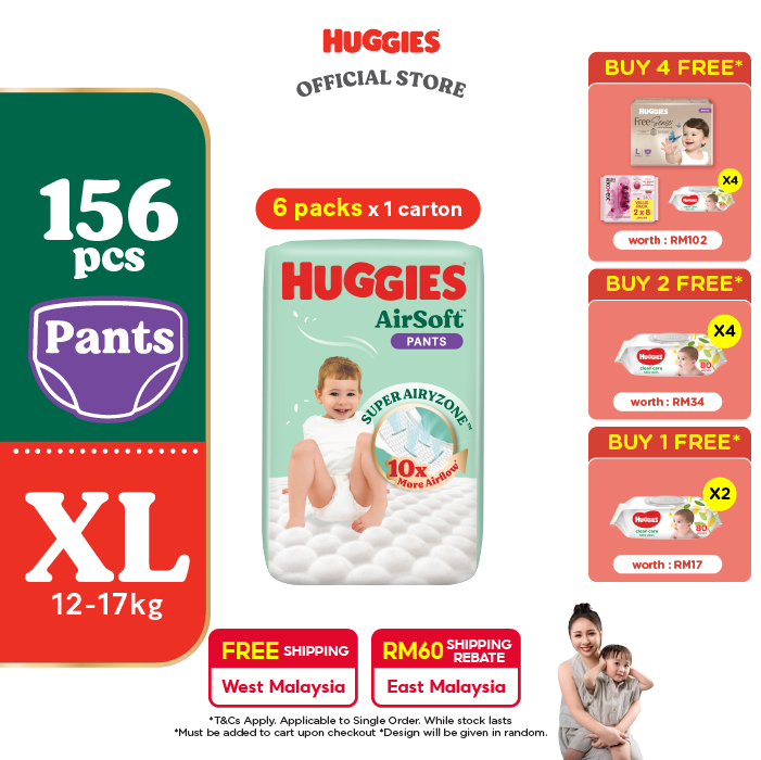 [Peekaboo 03.08 - 05.08] Huggies AirSoft Pants Diapers XL26 (6 packs) - Breathable and Soft Premium Diapers for Baby