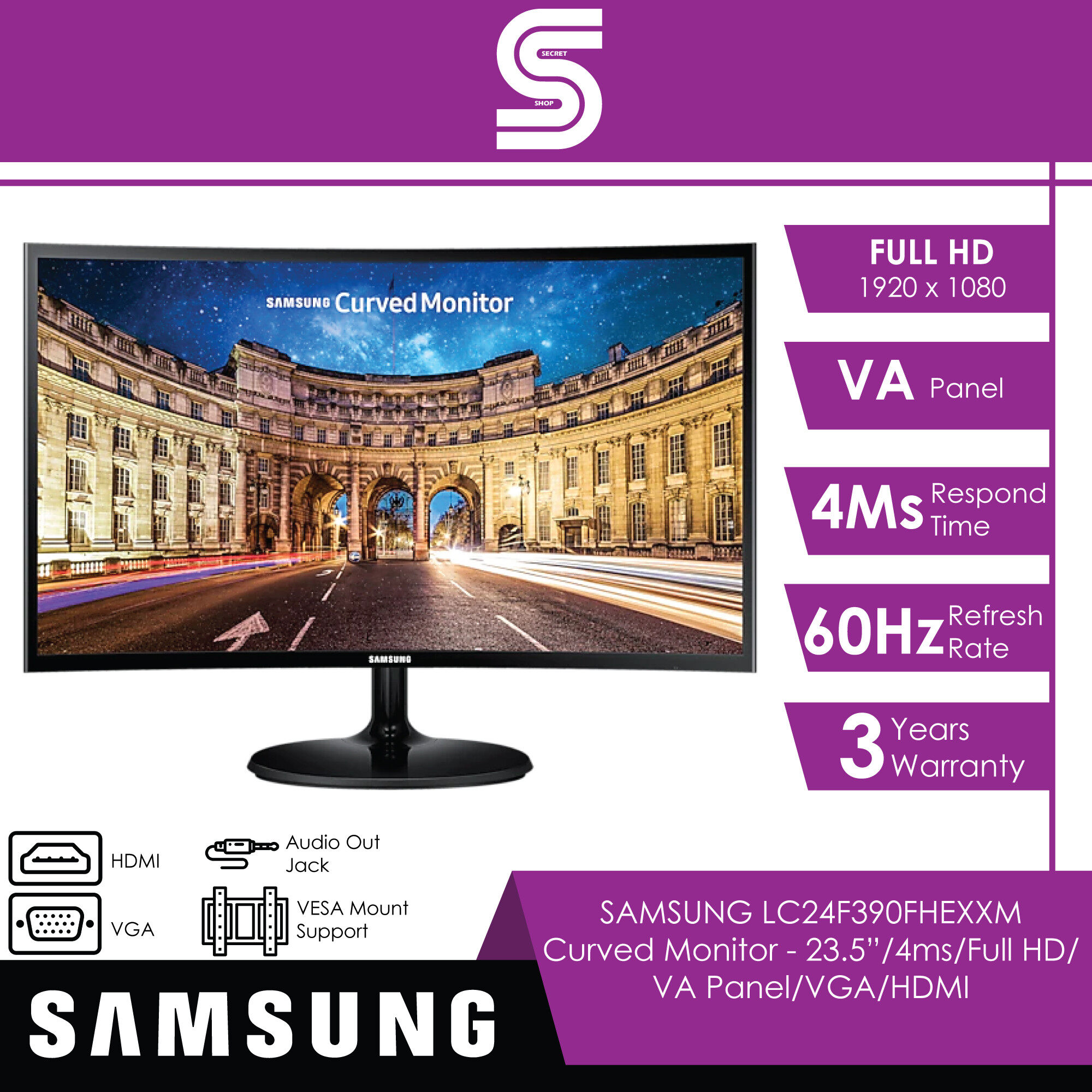 SAMSUNG LC24F390FHEXXM Curved Monitor - 23.5”/4ms/Full HD/ VA Panel/VGA/HDMI