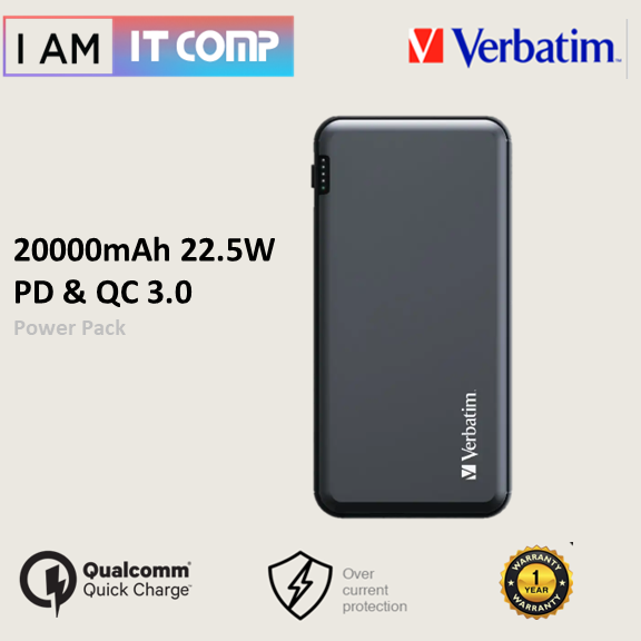 Verbatim 20000mAh 22.5W Power Pack / Type C / Li-Polymer Battery / Aluminum Design / Power Delivery + Quick Charge 3.0 (66628 )