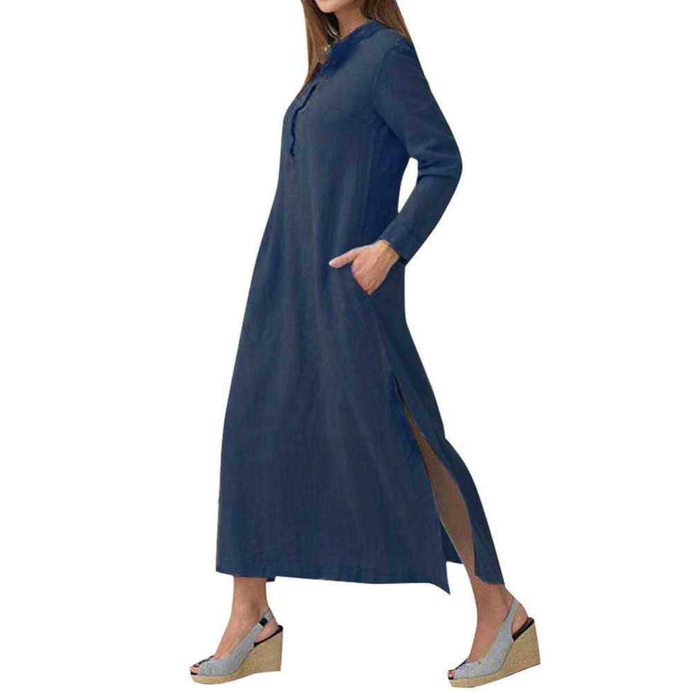 Women Casual Long Dress Long Sleeves Side Pockets Slit Vintage Maxi ...