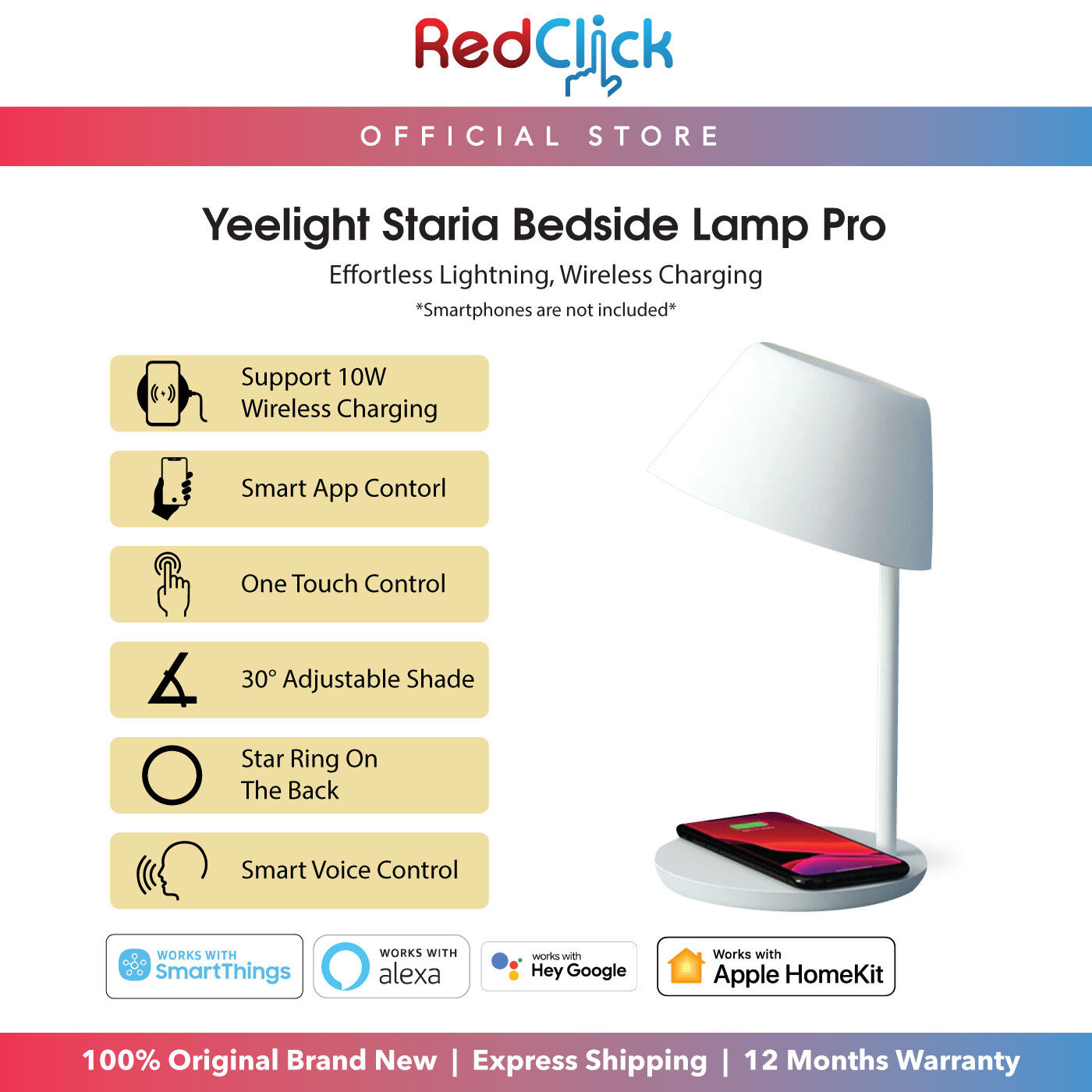 Yeelight Staria Bedside Lamp Pro Simple Control with One Touch Adjustable Brightness Built-In Wireless Charger App and Voice Control Supported