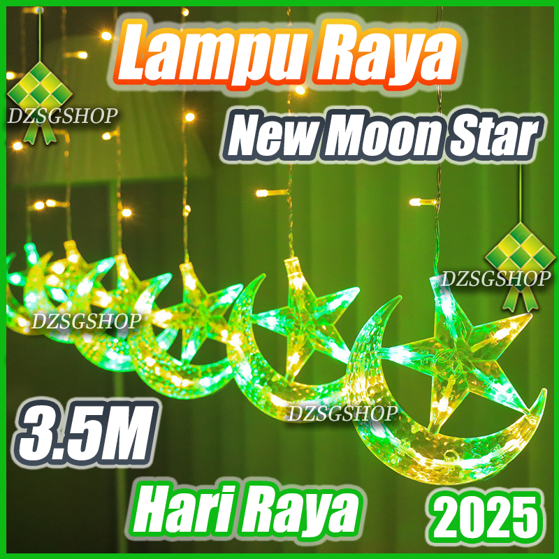 Lampu Raya 5M Moon Star Curtain Fairy light Lampu haisan Led light strip Hiasan bilik 5Meter 8/11 Modes Lampu Led Hari Rya 2026 Lampu Bintang Bulan Lampu kelip kelip raya