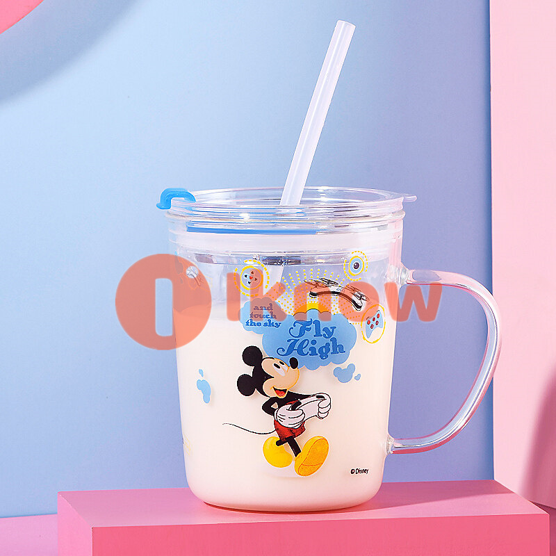 Disney Kids Cups with Straw and Lid Handle Spill Proof Sippy Mugs for Toddlers Glass Water Bottle with Scale 350 ml /12 oz