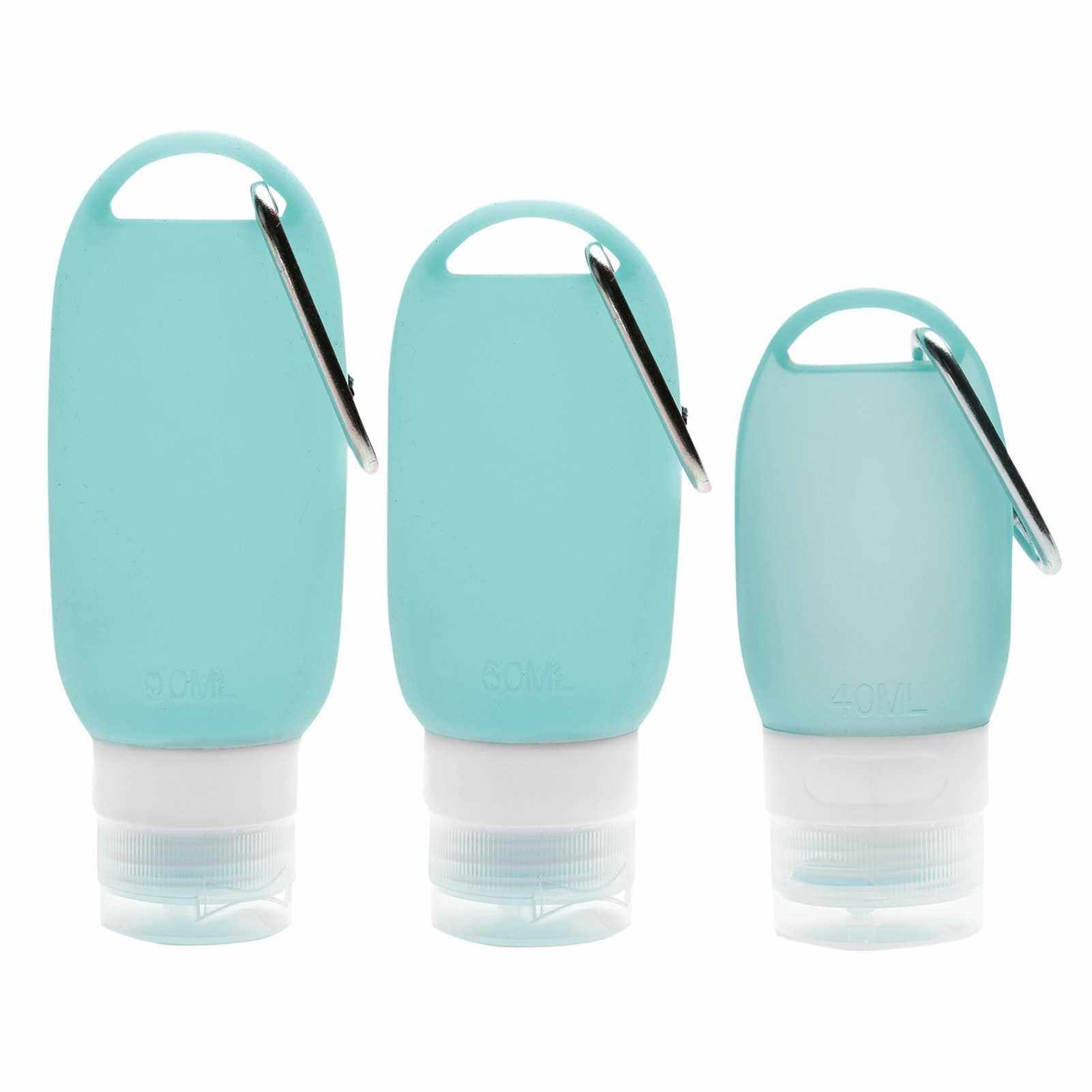 3PCS Travel Bottles with Snap Hook Hanging Soft Silicone Portable Refillable Empty Containers for Hand Sanitizer Shampoo Flip Cap School Work Outdoor (Turquoise)
