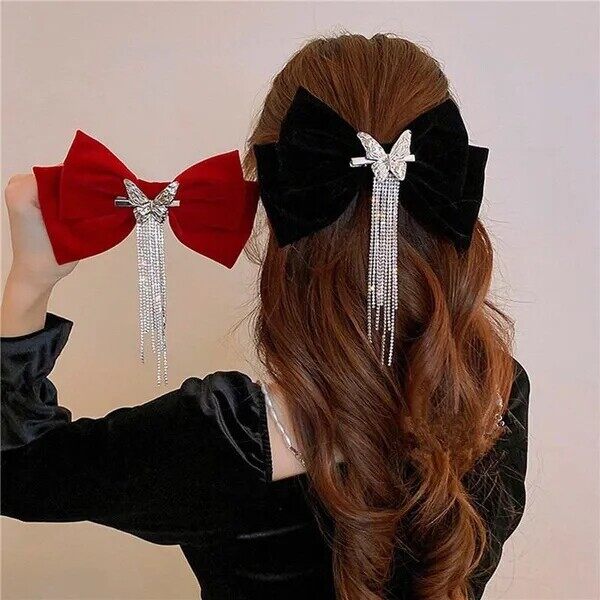 Elegant kẹp tóc nhung nơ mới kẹp tóc tua rua đính đá cho nữ phụ kiện tóc thủ công hàn quốc phụ kiện tóc thời trang cho nữ