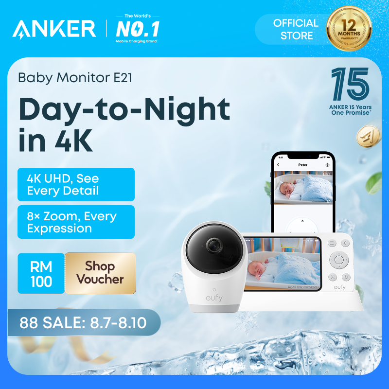 ANKER eufy Security Baby Monitor E21 with 4K UHD Camera 8X Zoom Hybrid Wi-Fi and No Wi-Fi Connection 24/7 Recording in app Pan-Tilt Portable Camera with Built-in Battery