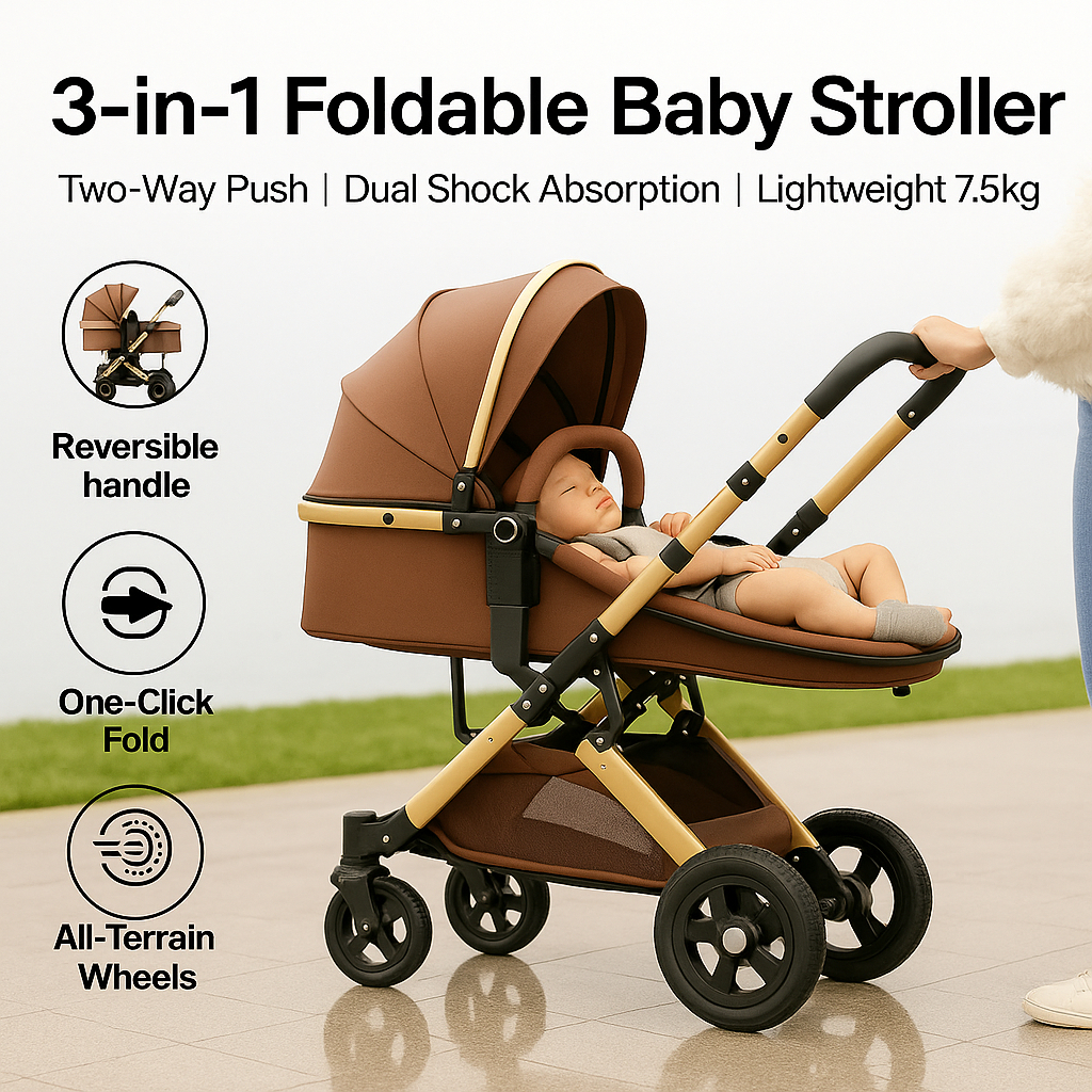 Beige Baby Stroller 2 way Foldable Baby Stroller Europe Premium Class Prams Four Wheels Can sit or lie down Baby Stroller