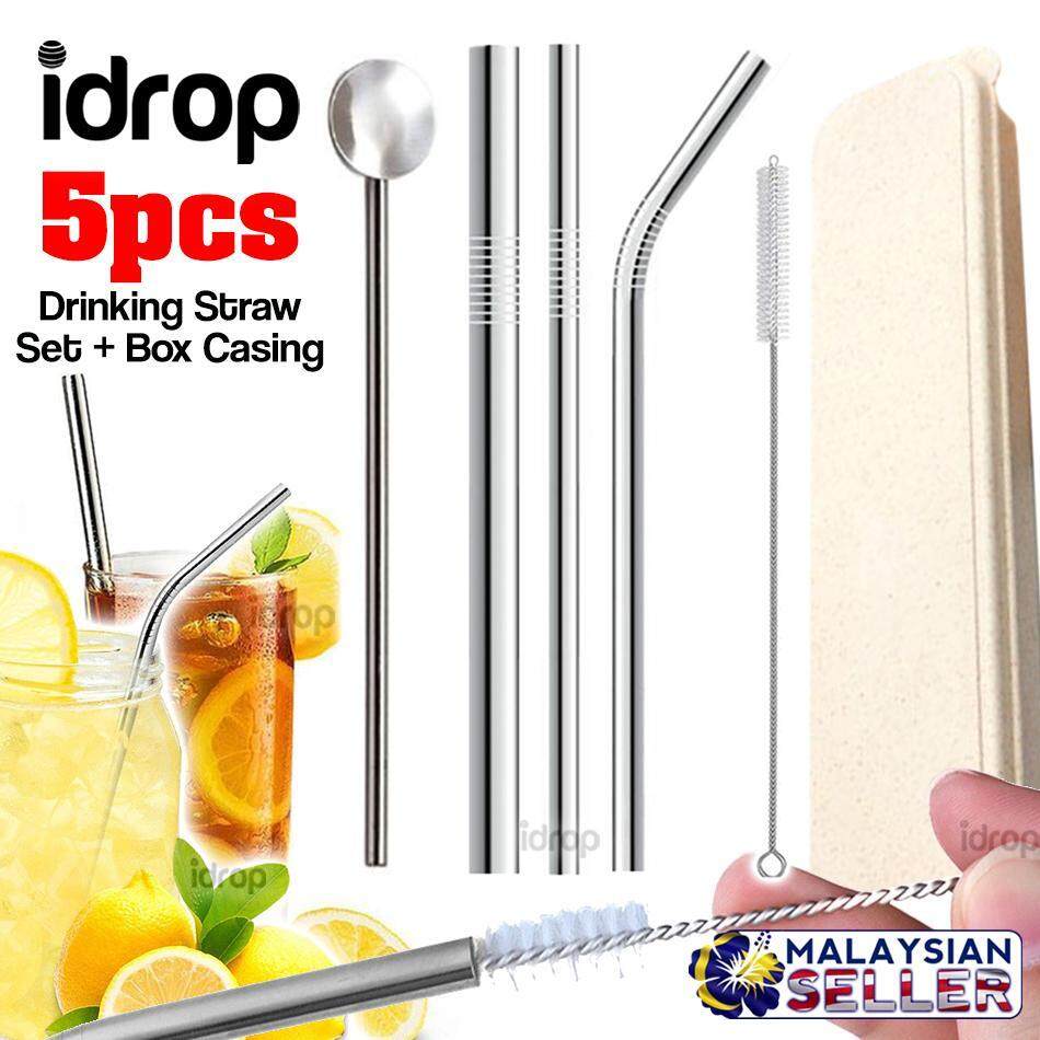 idrop 5pcs Stainless Steel Drinking Straw & Cleaner Brush & Stir Spoon + Straw Box Case