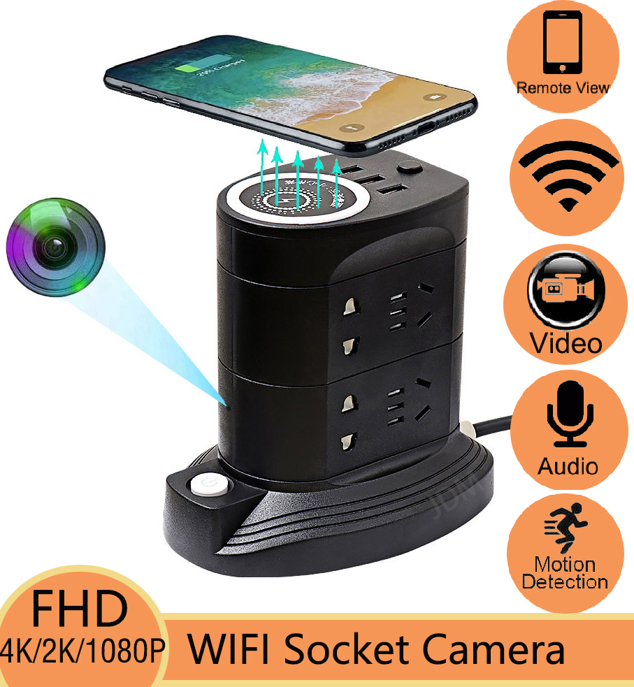 JDM WiFi Mini Spy Hidden Camera Power Strip Tower with Wireless Charge with 3 USB Ports - 8 Outlet - Real Time Motion Detection - App Remote Monitoring Alarm Push for Office Shop Home ราคา 2,699 บาท*ส่งฟรี