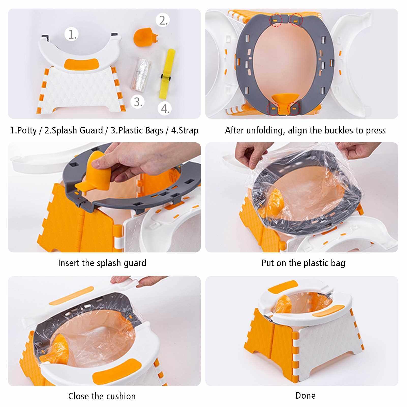Foldable Toilet Trainer Kids Travel Potty Toilet Seat Baby Potty Seat with Splash Guard 30 Plastic Bags Storage Bag Portable Potty Training Seat for Home Travel On-The-Go Indoor Outdoor (Orange)