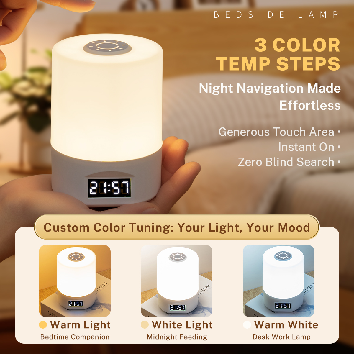 Dimmable LED Night Lamp with Clock Time Display 3Colour Touch Lights USB Dim Light Small Bedside Lamps Rechargeable