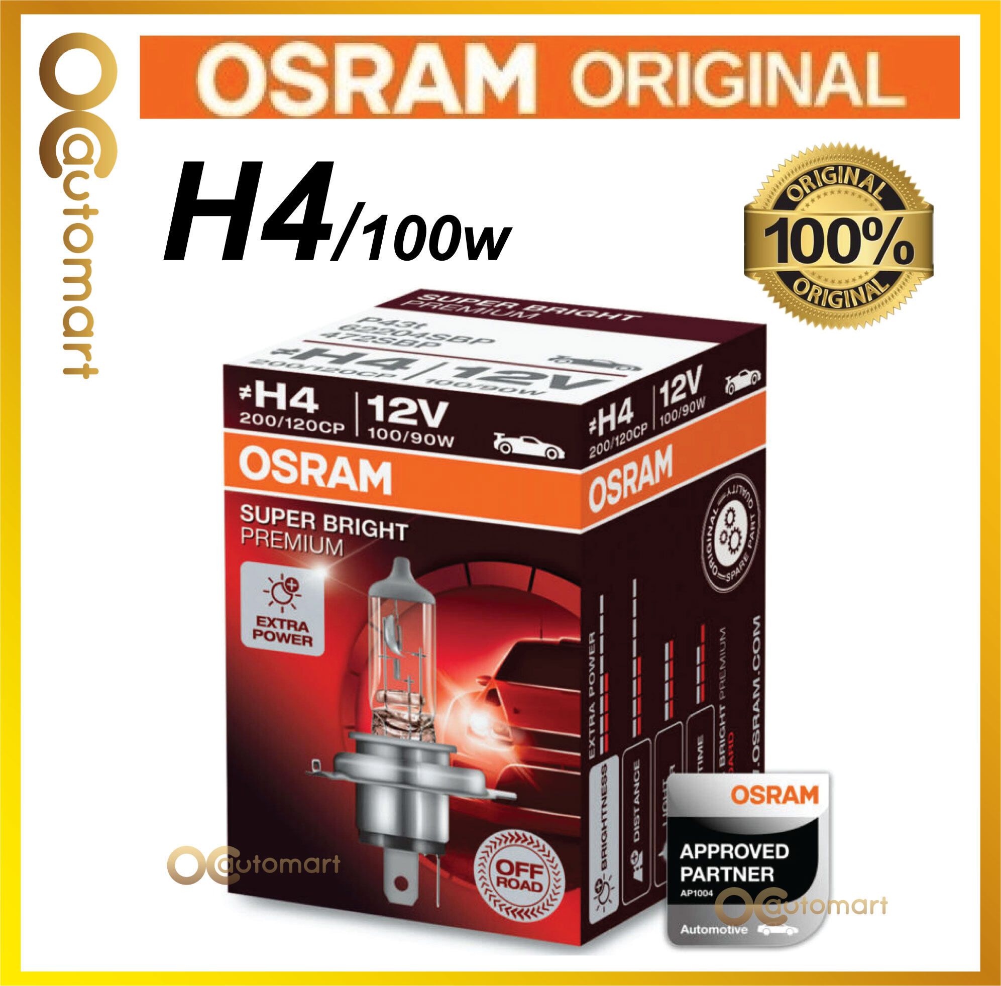 OSRAM H4/100W Headlight Bulb P43T 62204SBP 12V Super Bright Premium 200/120CP 472SBP