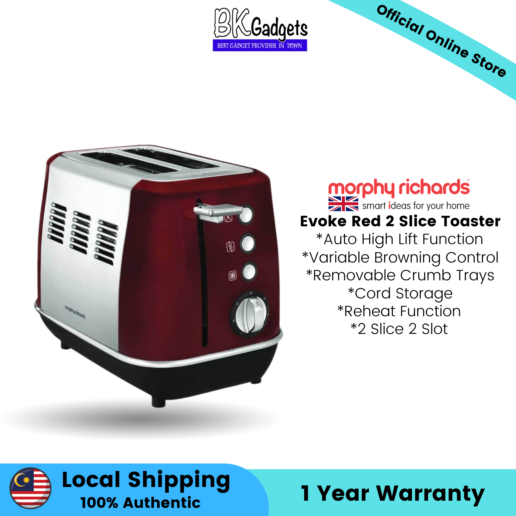 Morphy Richards Evoke Red 2 Slice Toaster - Auto High Lift Function | Variable Browning Control | Removable Crumb Trays