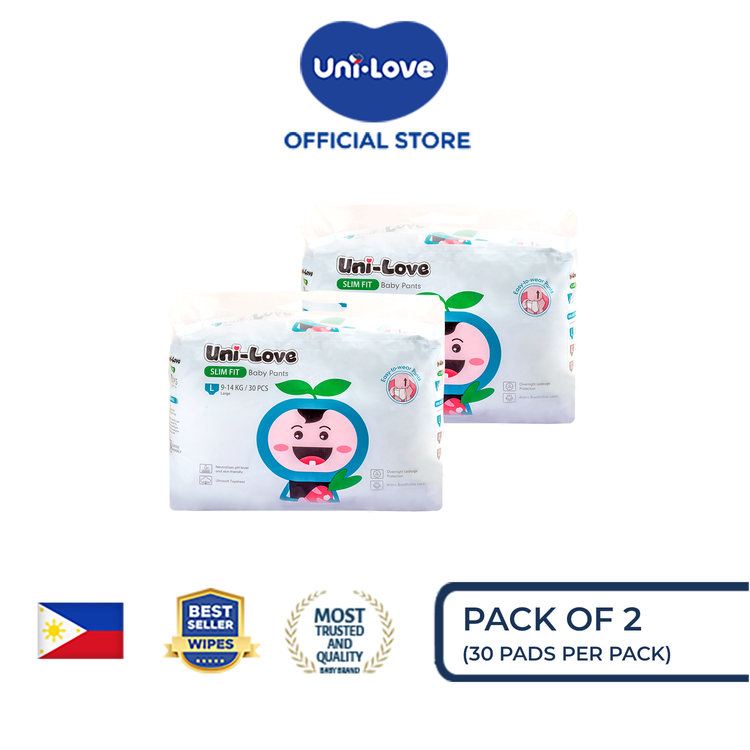 UniLove Slim Fit Baby Pants 30s (Large) Pack of 2 - Hypoallergenic | Super Absorbent | Ultrasoft | Neutralizes PH Level | Double Leakguard | Pants type | Breathable