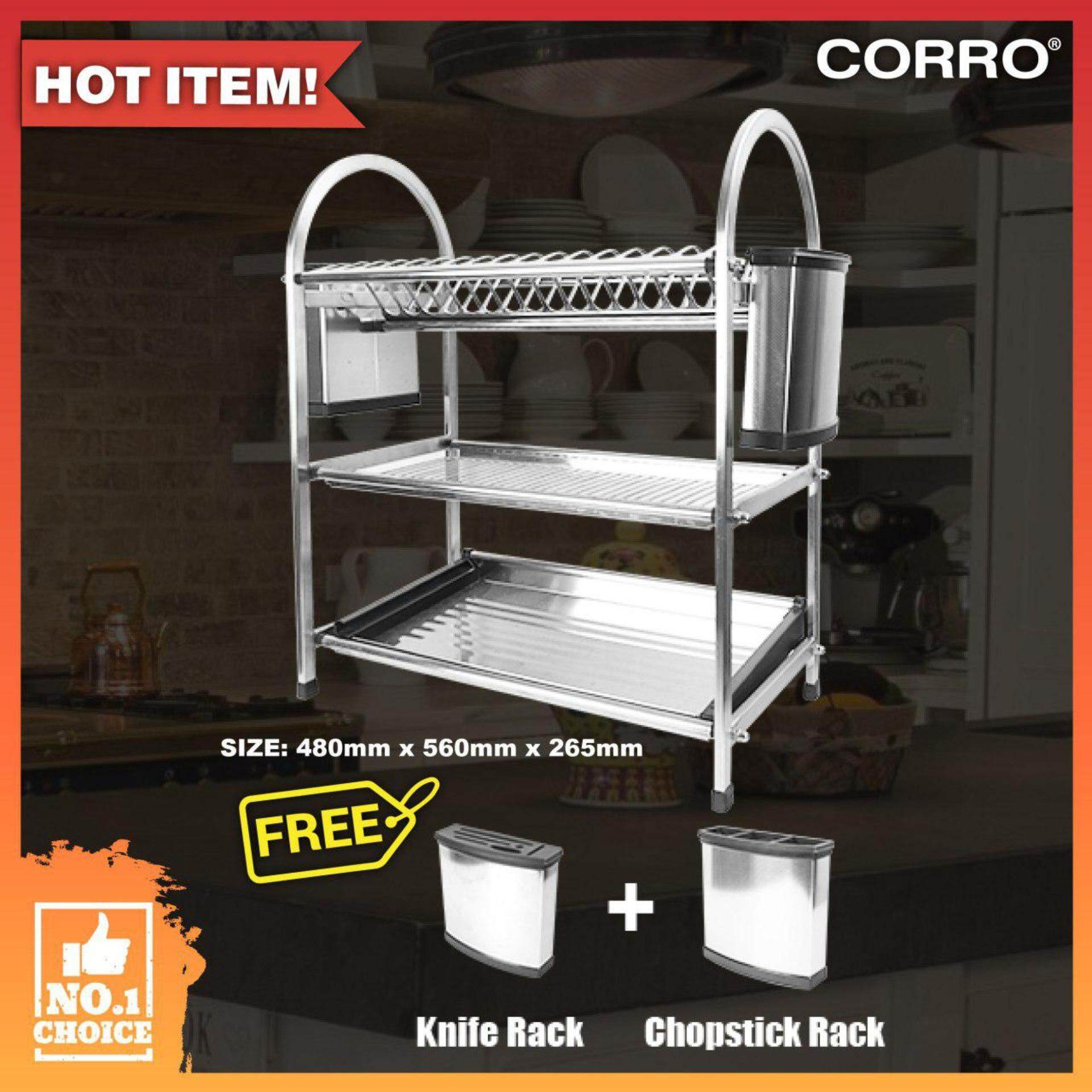 CORRO High Quality SUS304 100% Stainless Steel 3 Tier Dish Rack - L480 x H560 x W265mm