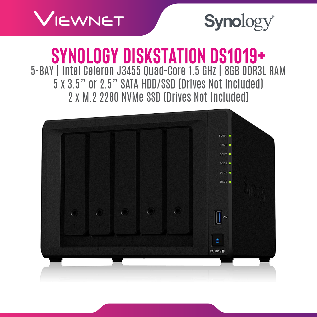 Synology Enclosure 5-BAYS/Intel Celeron J3455 QC 1.5GHz/8GB (DS1019+) NAS