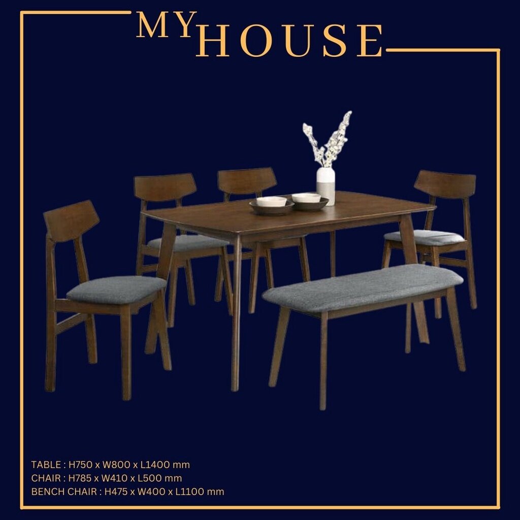 MYHOUSE Furniture Meja Makan 6 Kerusi Murah Set Solid Rubberwood Dining Table 6 Seater Walnut Color Fabric Dining Chair