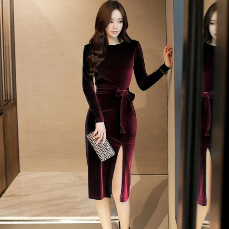 Đầm bodycon nữ đầm dạ hội gợi cảm phong cách hàn quốc đầm ôm nữ đầm dự tiệc dài tay đầm dạ tiệc nhung cạp cao
