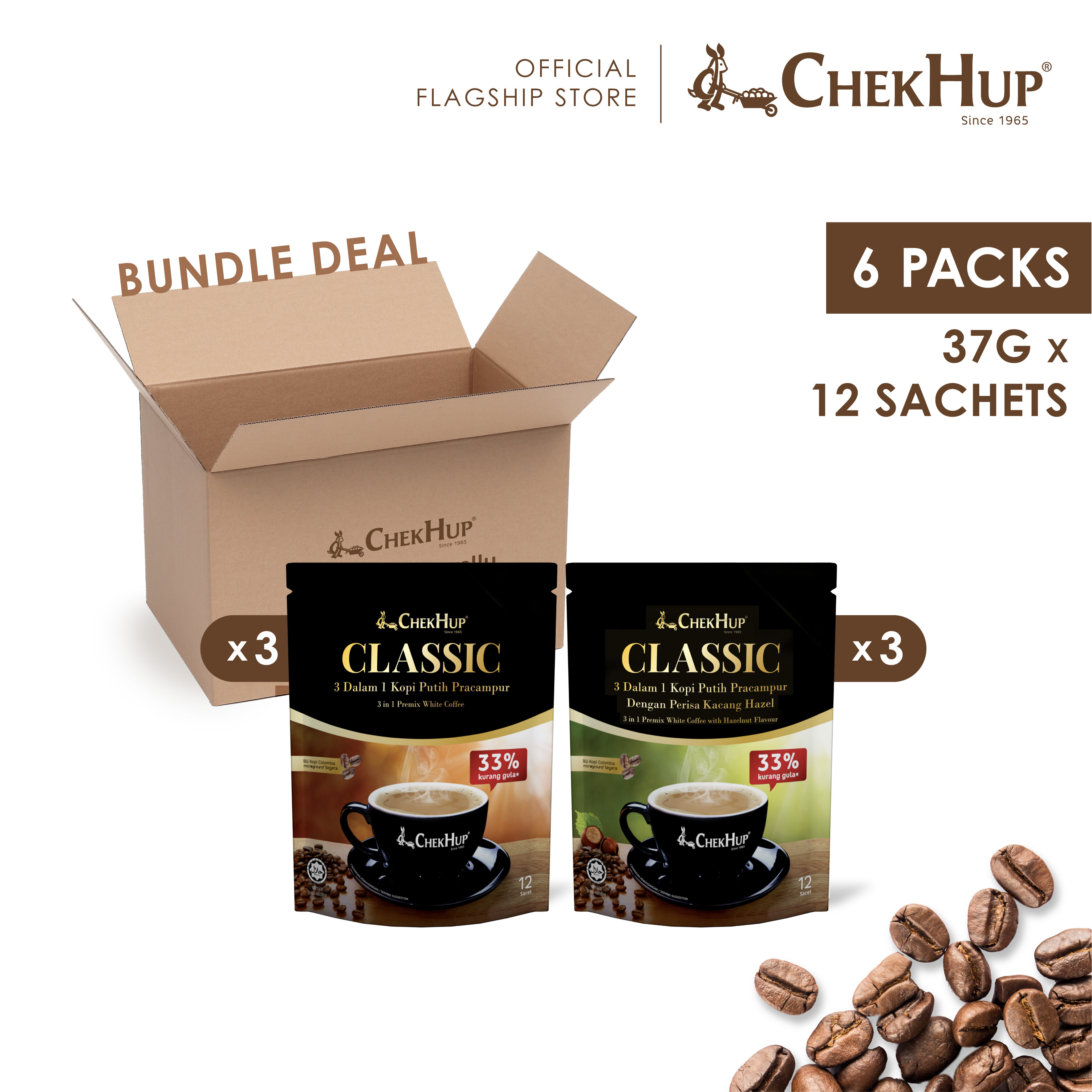 Chek Hup 3in1 Classic Colombian White Coffee (33% Less Sugar) 37g x 12s [Combo set of 3 Classic White Coffee and 3 Classic White Coffee with Hazelnut)