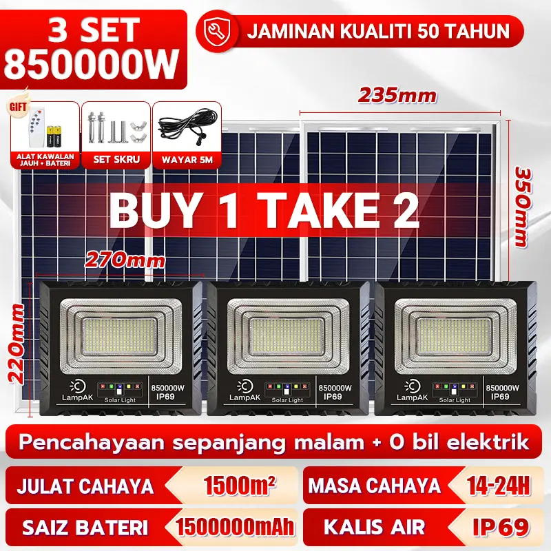 Loha🎁BUY 1 TAKE 2🎁Lampu Solar Light 850000W Solar Light Outdoor kalis air IP67 0 bil elektrik street light with remote control 6000W/8000W/10000W High Power with solar panel