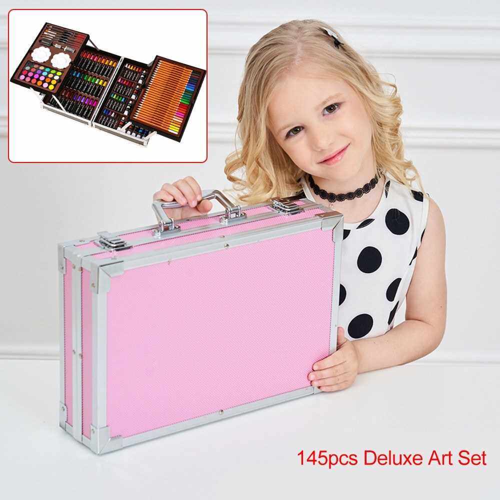 145pcs Deluxe Art Set Portable Aluminum Case with Markers Color Pencils Oil Pastels Watercolor Cakes Paints and Accessories Painting Tool Set Great Gift for Children Beginners (Pink)