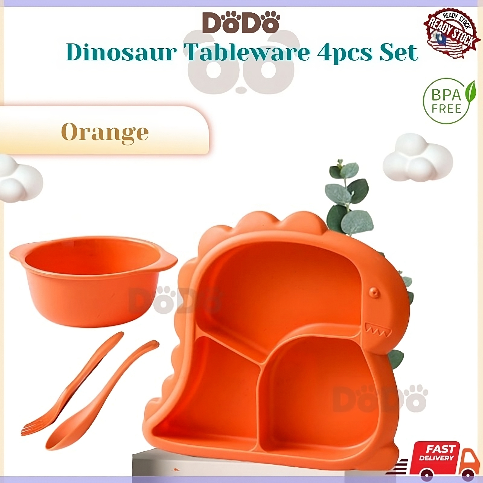 [READY STOCK 🇲🇾] Baby Tableware 4 in 1 Dinosaur-shaped / Baby Plate Set 4in1 ( Plate + Bowl + Spoon + Fork ) / Pinggan Bayi Set