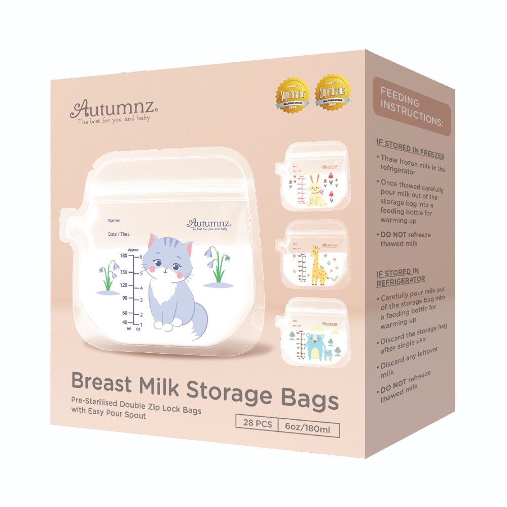 Autumnz Pre-sterilized ZipLock Breastmilk Breast Milk Storage Bag (3.5oz/ 5oz/6oz/ 7oz/ 8oz/10oz/12oz) Autumnz Thermal Sensor| Autumnz Animal Land (1 pack 28 bags)