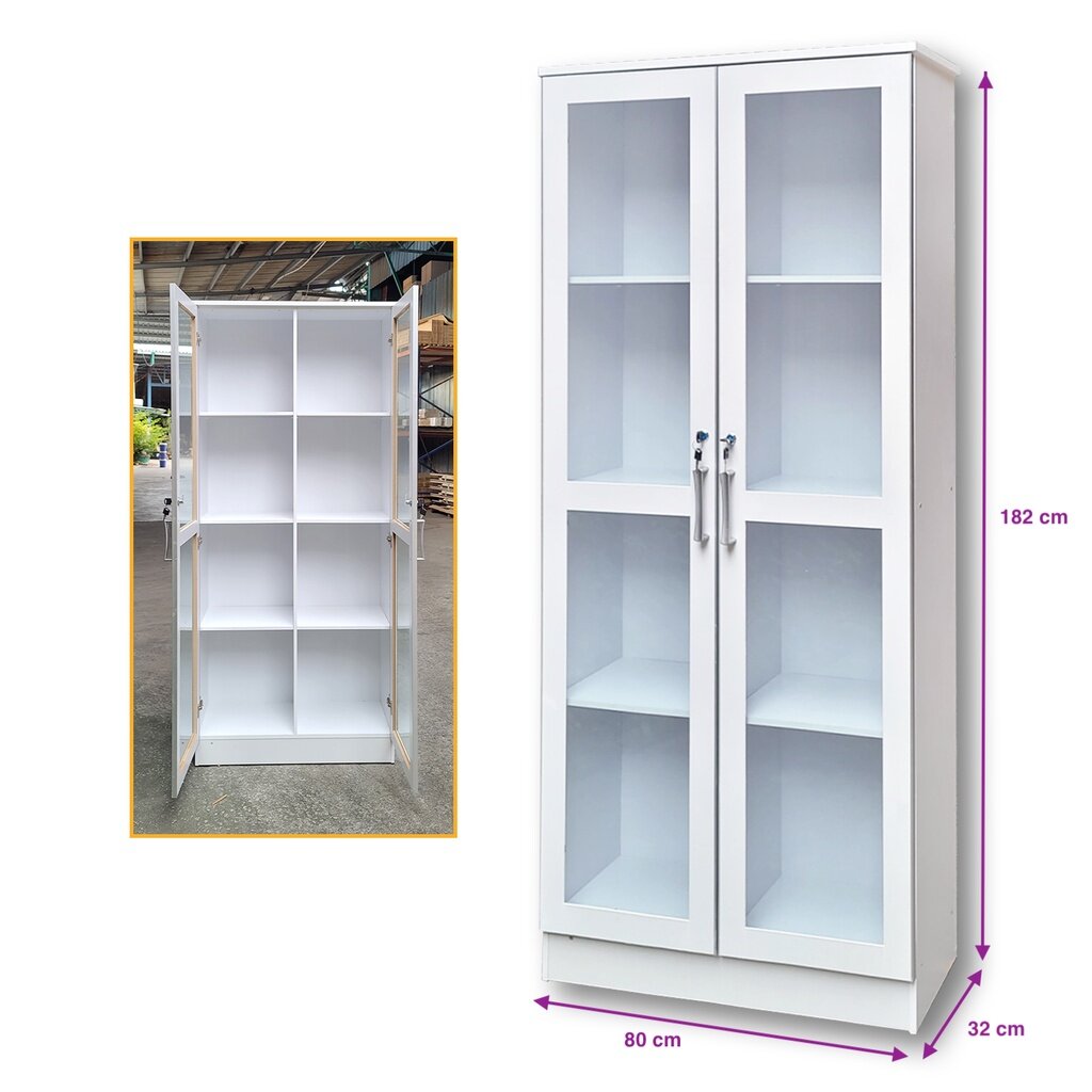 ROAM 6ft Display Cabinet 2 Glass Door with Keylock Almari Buku Kabinet Kaca 2 Pintu Kunci Bookshelf Grey White Color