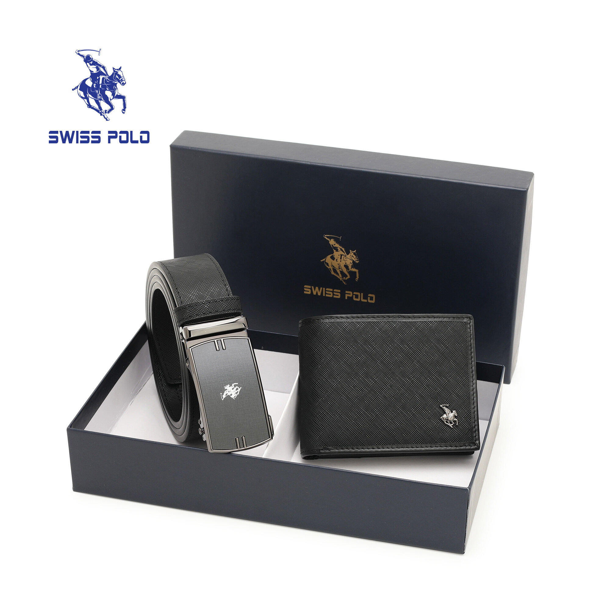 SWISS POLO Gift Set/ Box RFID Bifold Wallet With Belt SGS 561-1 BLACK