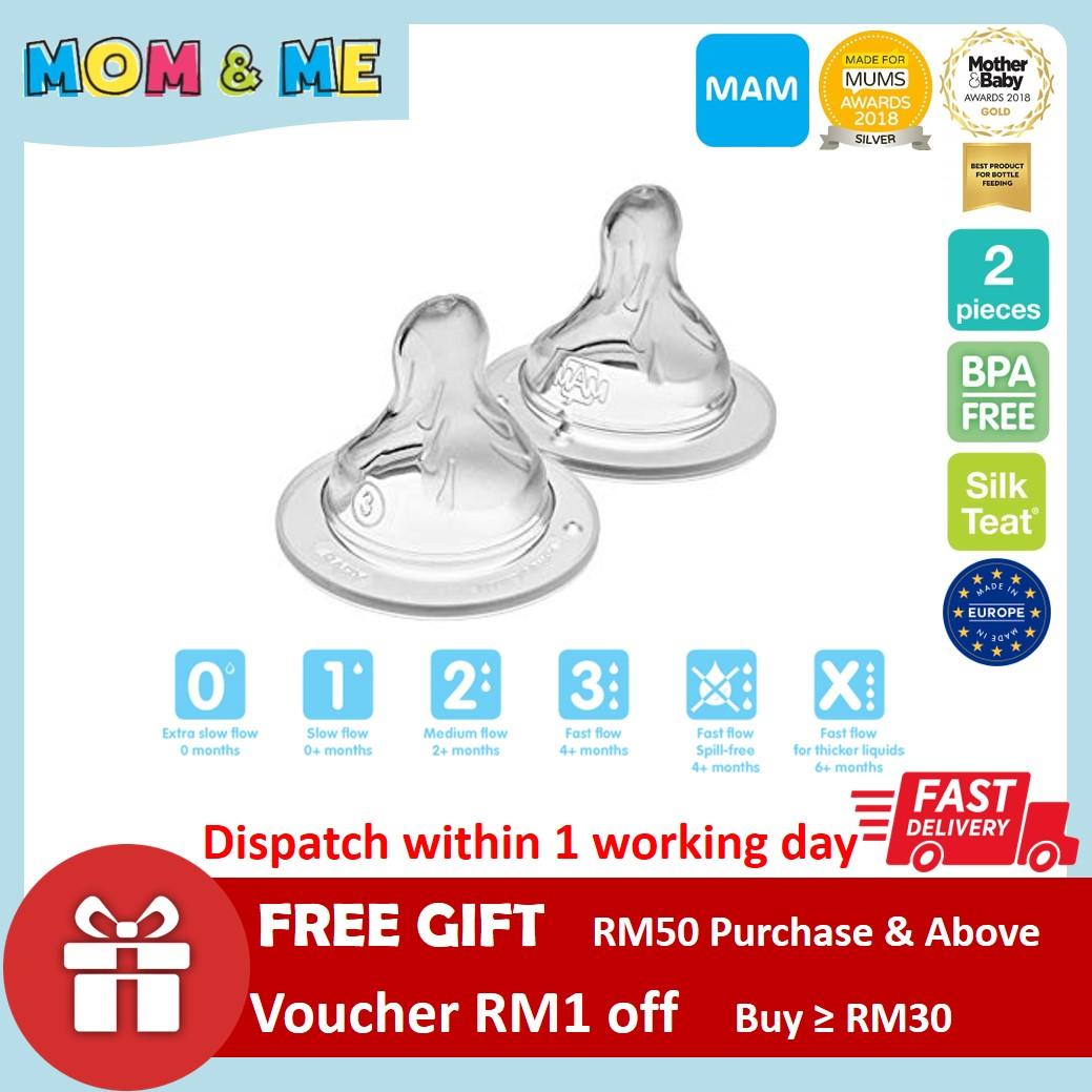 Original MAM Silk Teats Nipples Puting Size 1 2 3 4 Extra Slow 0m Slow 0m+ Medium 2m+ Fast 4m+ Non Spill 4m+ X Cut 6m+ Flow 2 pcs