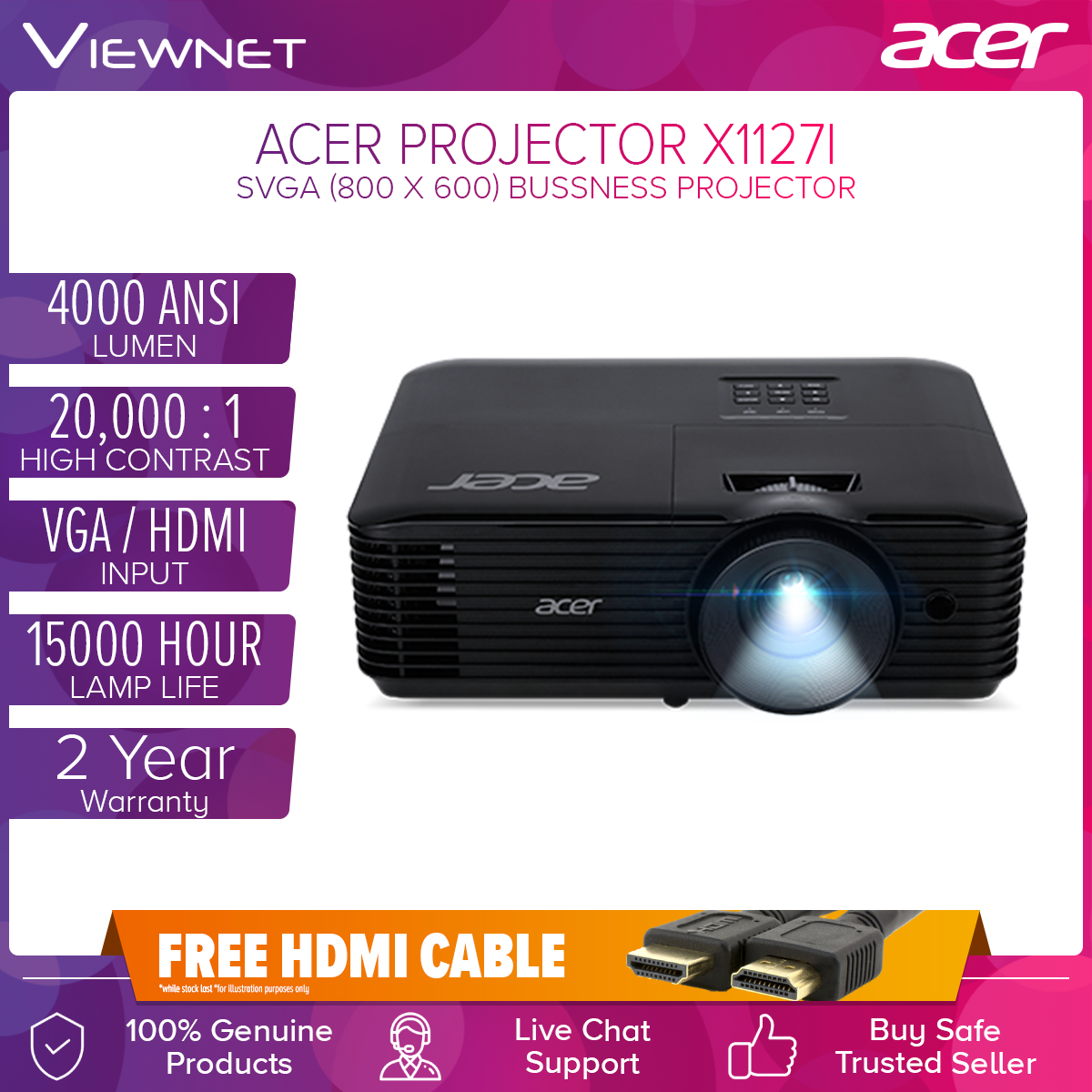 Acer Projector X1127i with SVGA (800x600) Resolution, 4000 Ansi Lumens, 20,000 : 1 Contrast Ratio, Eco Mode 15,000 Hour Lamp Life, HDMI and VGA Support Acer Projector X1127i with SVGA (800x600) Resolution, 4000 Ansi Lumens, 20,000 : 1 Contrast Ratio, Eco Mode 15,000 Hour Lamp Life, HDMI and VGA Support