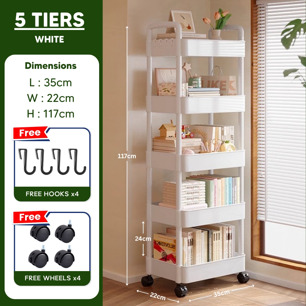 𝗨𝗥𝗕𝗔𝗡𝗛𝗢𝗠𝗘𝗦 3 / 4 / 5 Tier Multifunctional Storage Trolley Rack with Wheels | Rolling Utility Cart Organizer Shelf for Home Kitchen Bathroom Office Movable Space-Saving Rack with Plastic Baskets Lockable Wheels for Easy Access Organizationt