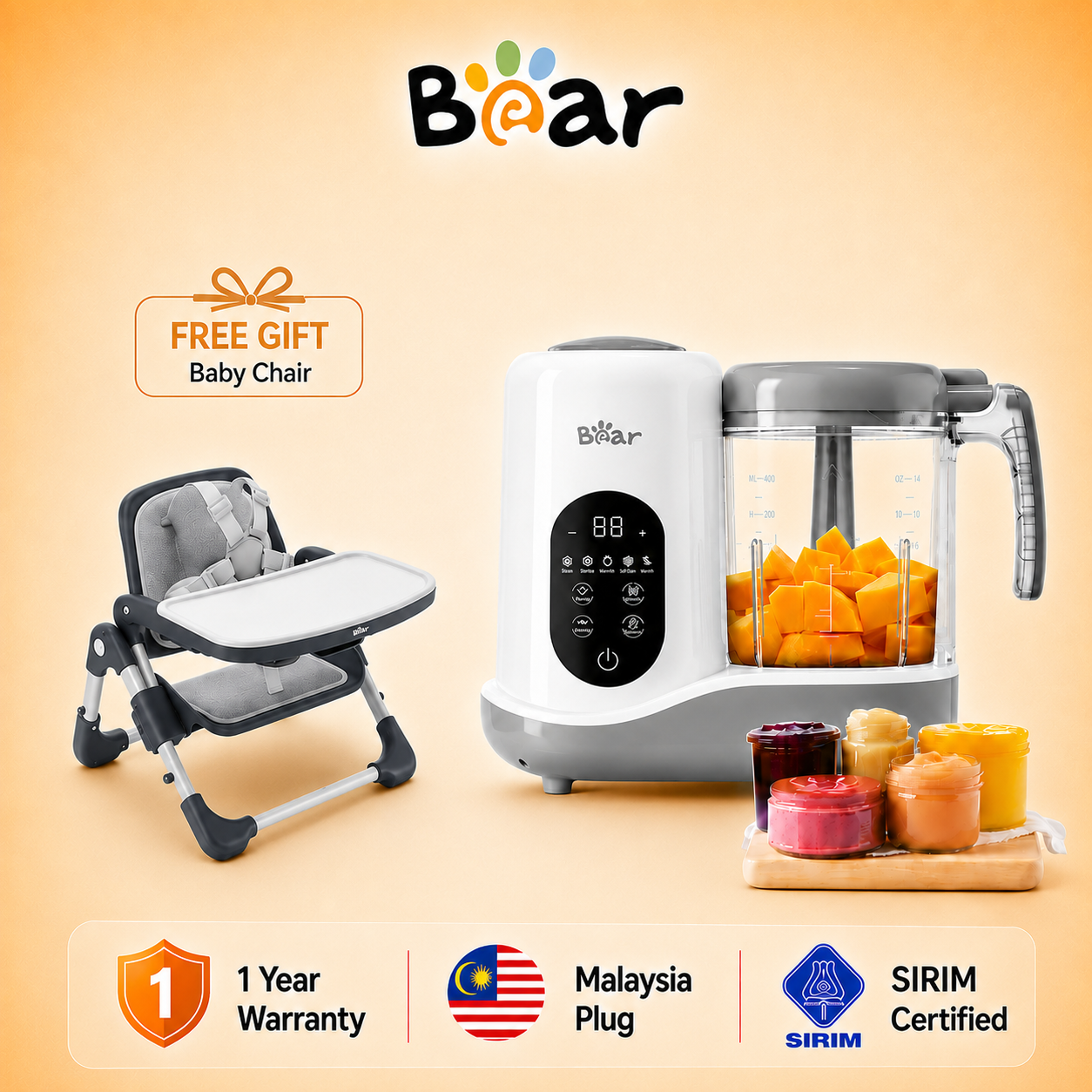[FREE Baby Chair] BEAR Baby Food Maker Steamer Puree Blender Automatic Self-Cleaning Touchscreen Control
