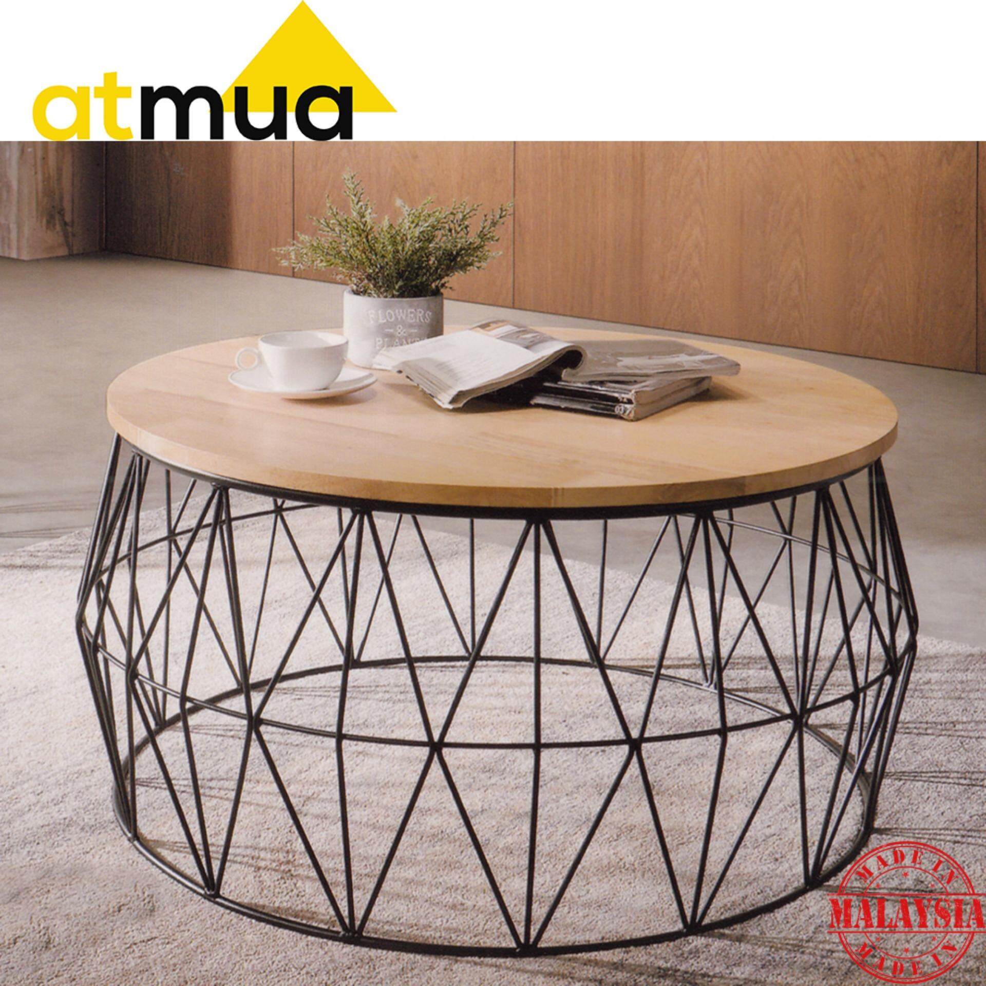 Atmua Louis Round Coffee Table (Solid Wood Top with Metal ...