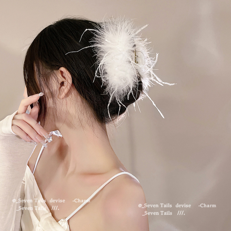fsjhf HOT - / Autumn and Winter Super Fairy Ostrich Hair Barrettes Special-Interest Design High Sense ins Grip Back Head Updo Shark Clip Hair Accessories