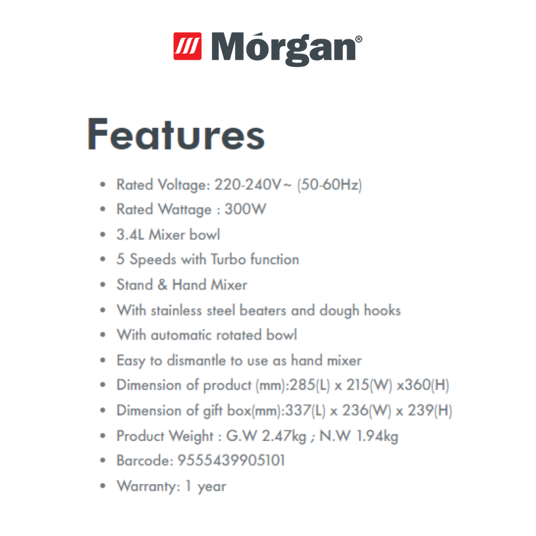 MORGAN [AUTHORISED DEALER] STAND MIXER 300W MSM-NC300HM-MORGAN WARRANTY MALAYSA