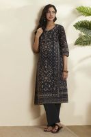 Black Cotton Printed Straight Kurta