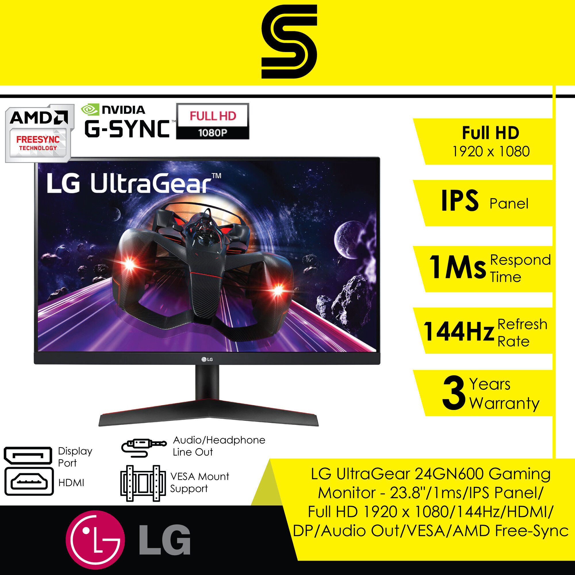 LG UltraGear 24GN600 Gaming Monitor - 23.8"/1ms/FHD/144Hz/IPS Panel/HDMI/DP/Audio Out/VESA/AMD Free-Sync