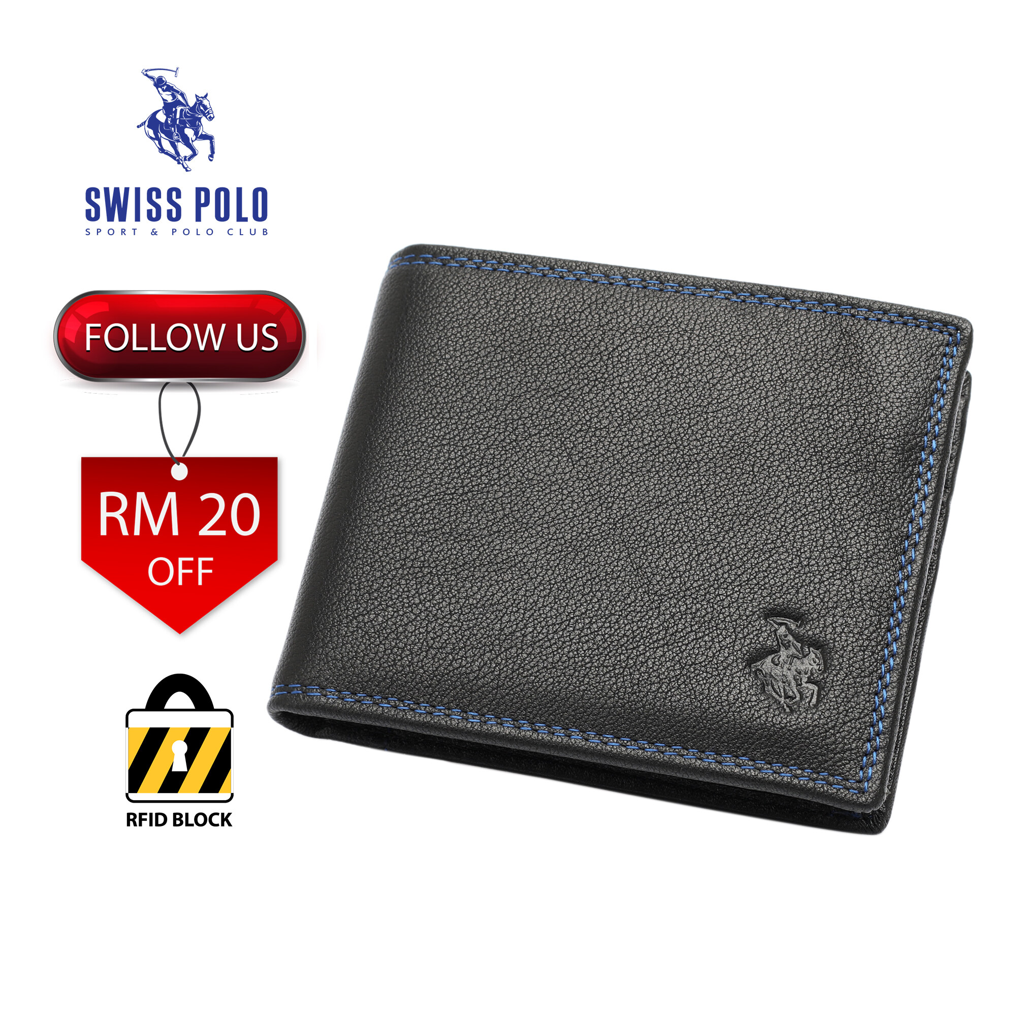 SWISS POLO Genuine Leather RFID Bifold Short Wallet SW 127-2 BLACK