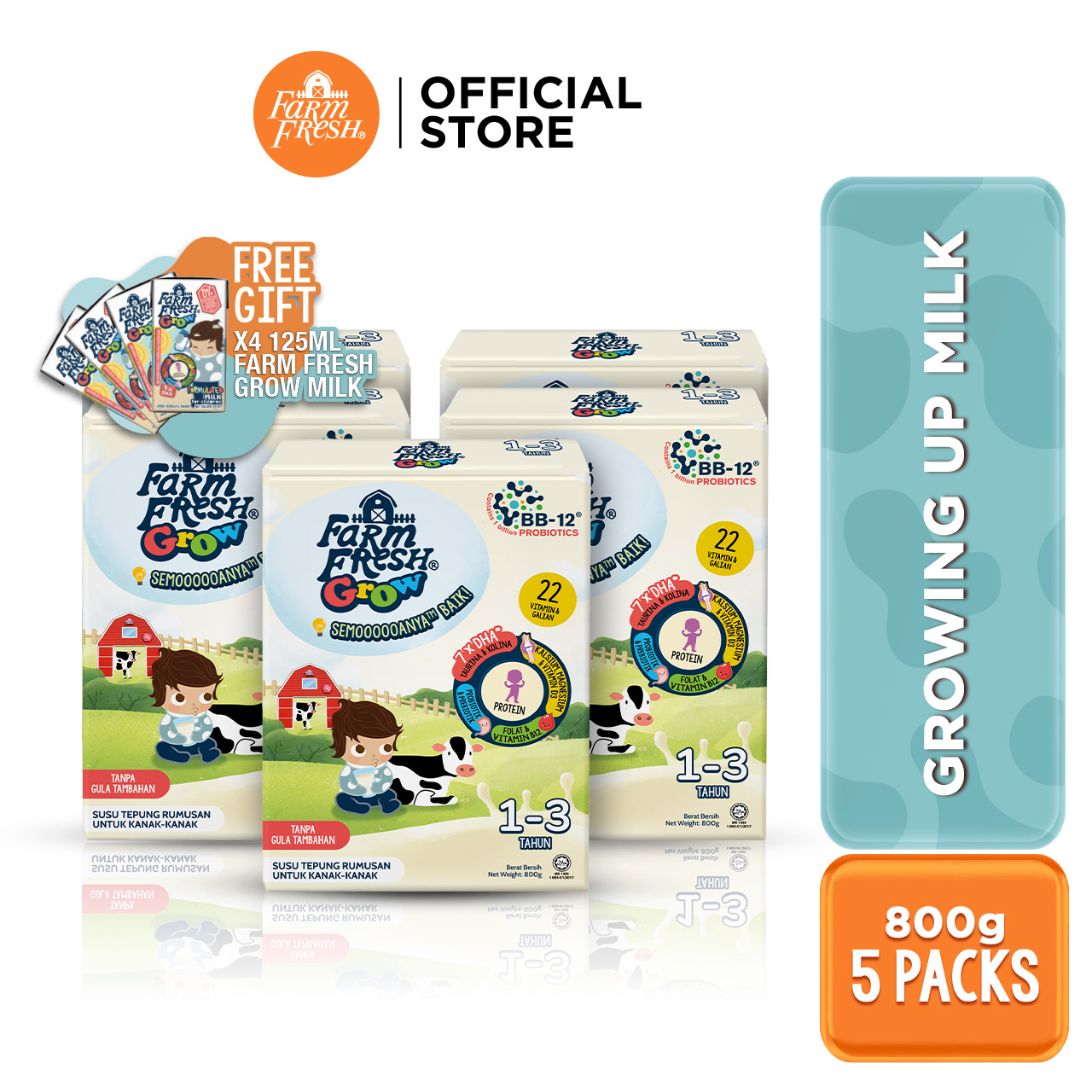 Farm Fresh Grow Powder 1-3 Years Old 800g x 5 Packs + Farm Fresh Grow Formulated Milk 1-6 Years Old 125ml x 4 Packs