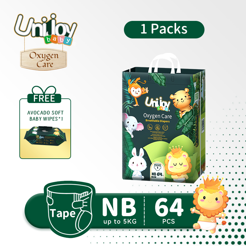 Unijoy Oxygen Care Tape Diapers Upgrade Large Bag Newborn Diaper (Size：NB) FREEx1 Baby Wipes (80Pcs/1Bag)- Superior Absorbency Ultra Soft