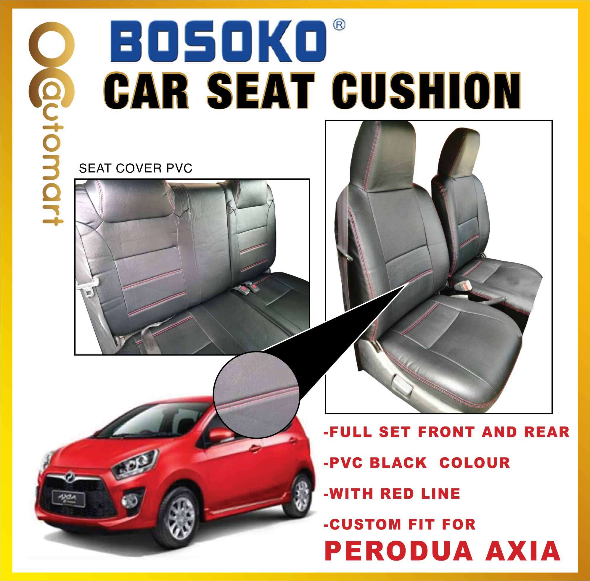 Perodua Axia (Back Seat 4 Pieces) Custom Fit OEM Car Seat Cushion Cover PVC Black Colour Shining With Red Line ( Made in Malaysia )