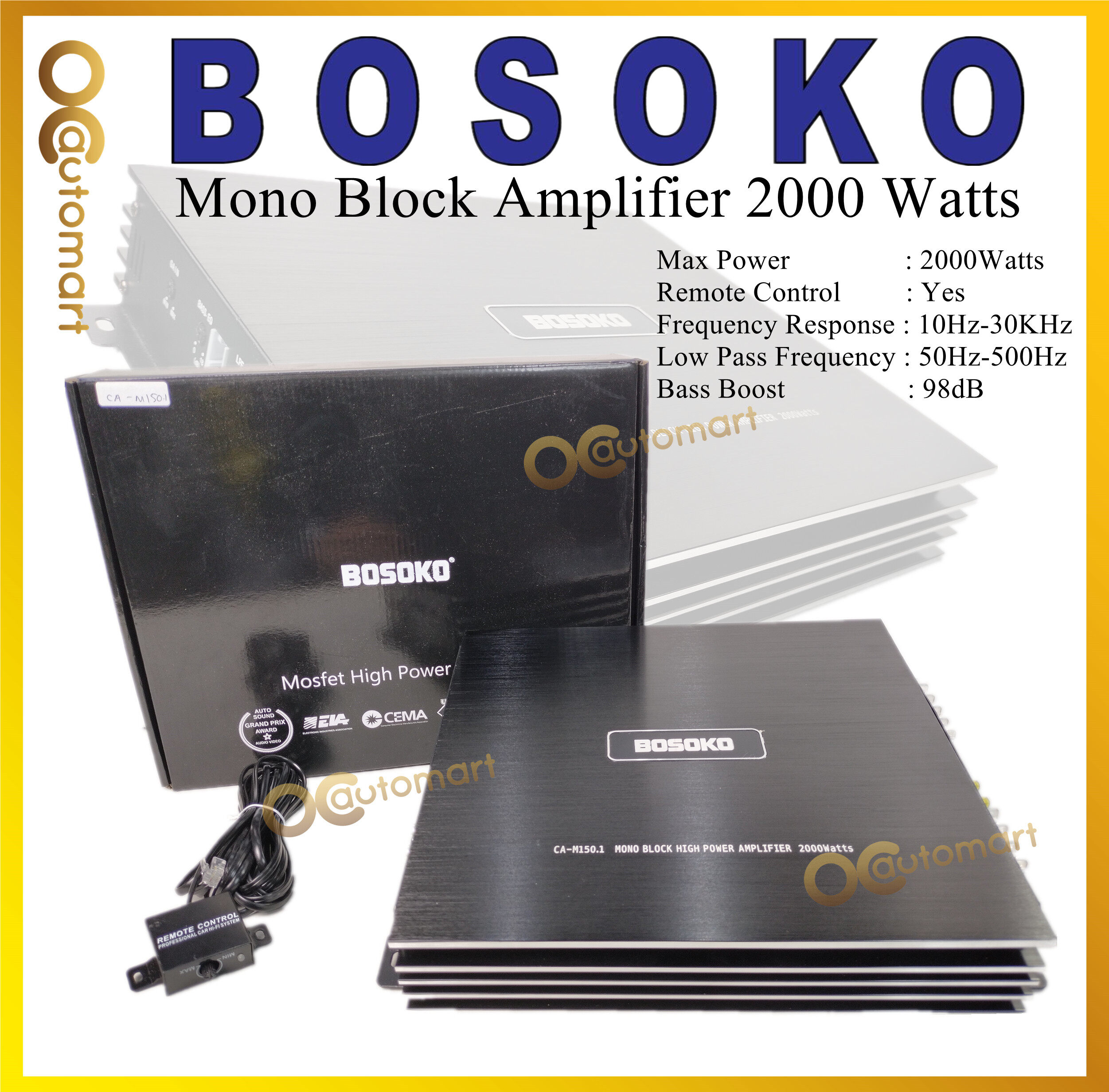 Bosoko Monoblock Amplifer 2000 Watts With Bass Remote Control Mono