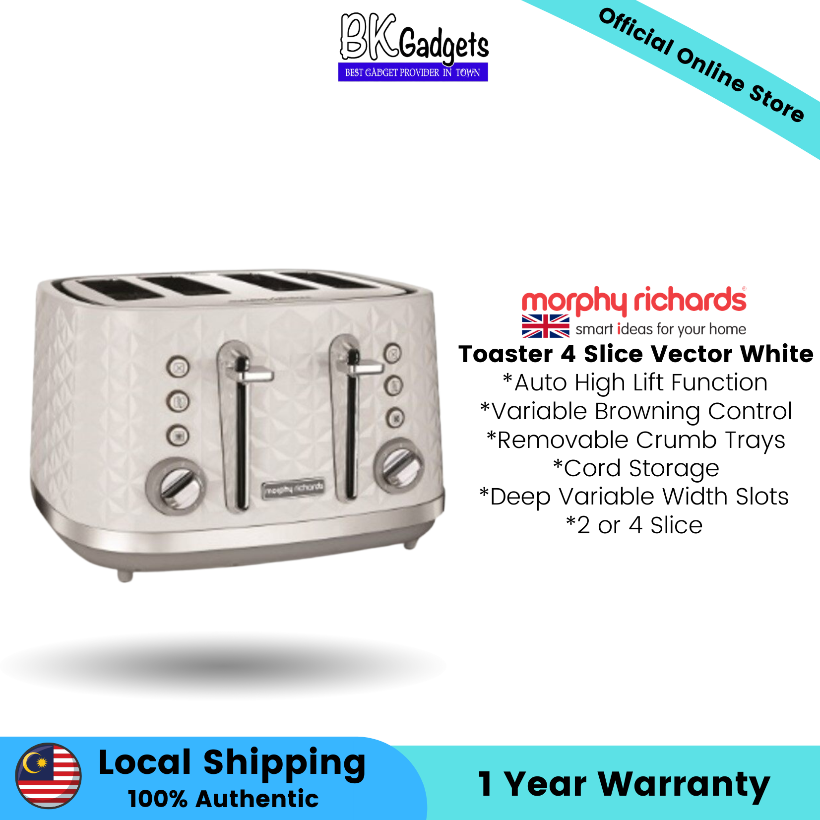 Morphy Richards Toaster 4 Slice Vector White - Variable Browning Control | Removable Crumb Trays | Cord Storage