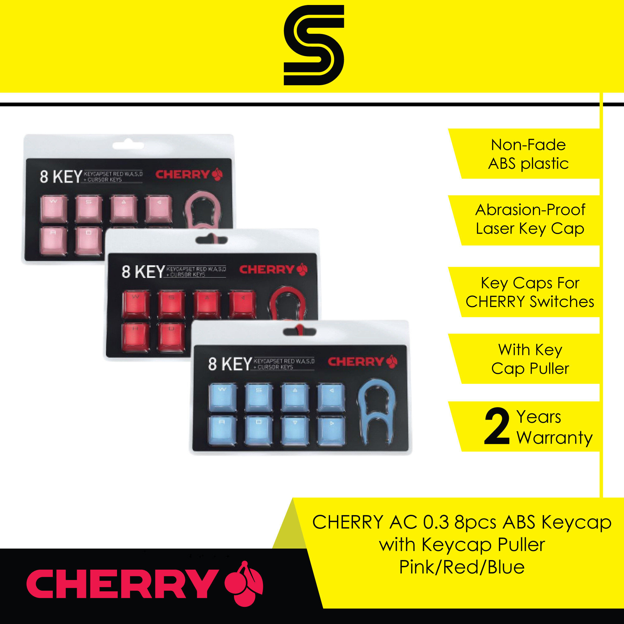 CHERRY AC 0.3 8pcs ABS Keycap with Keycap Puller -Pink/Blue/Red