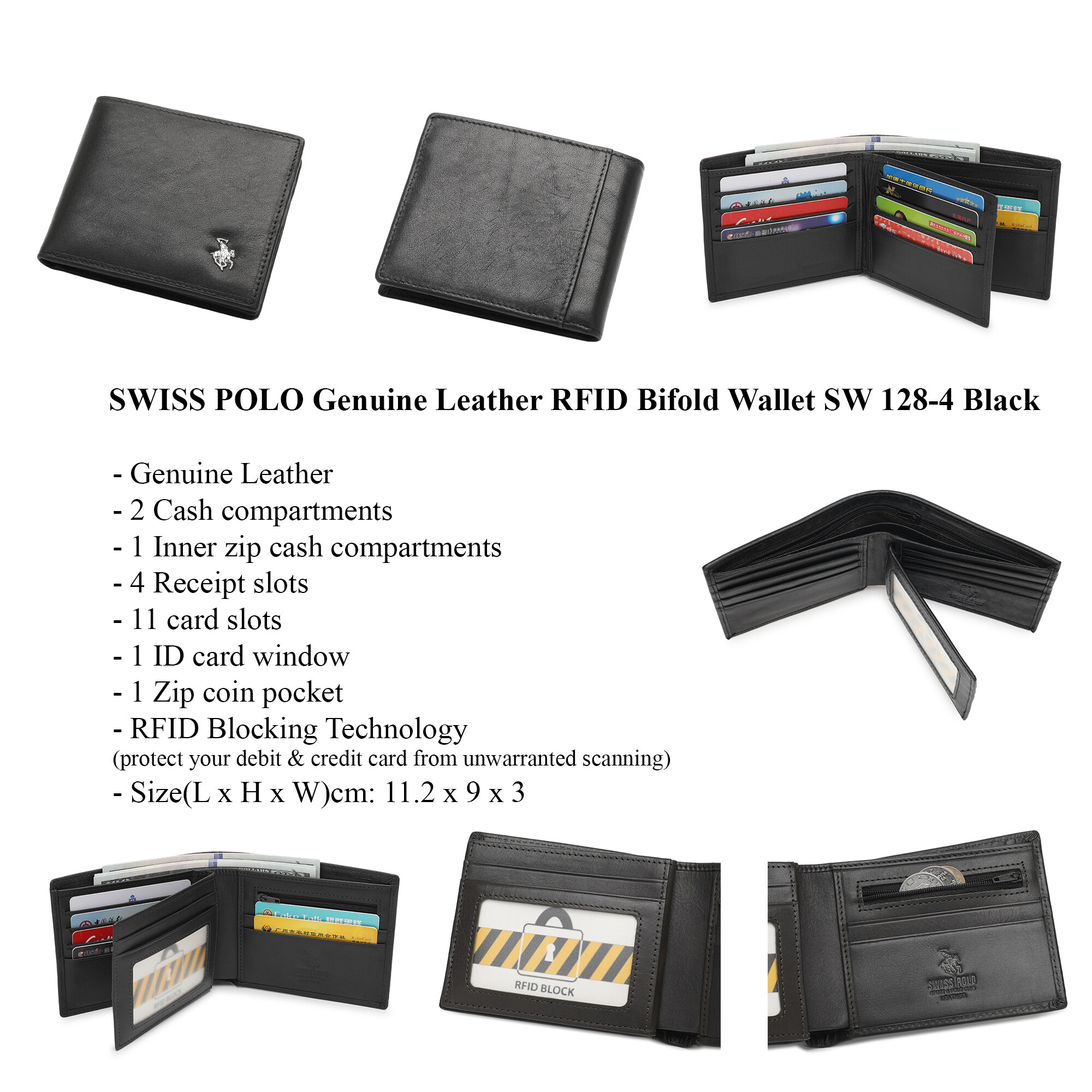 SWISS POLO Genuine Leather RFID Short Wallet SW 128-4 BLACK