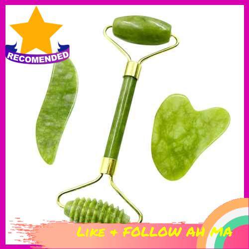 BEST SELLER Jade Stone Set Jade Roller & 2 Gua Sha Scrapers in Different Shapes Massage Tools for Facial Skin Care Anti-aging Face Eye Neck Beauty Roller Facial Massager (Standard)