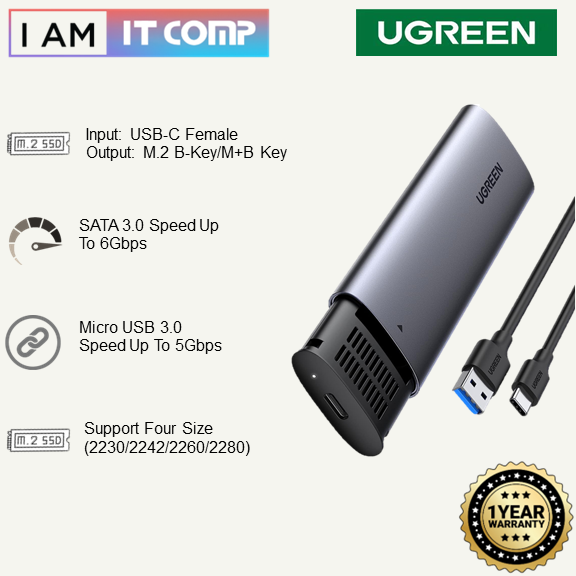 UGREEN M.2 B-KEY SATA 3.0 External Solid State Drive Enclosure With USB C To A CABLE - 5Gbps Fast Transmission (10903)