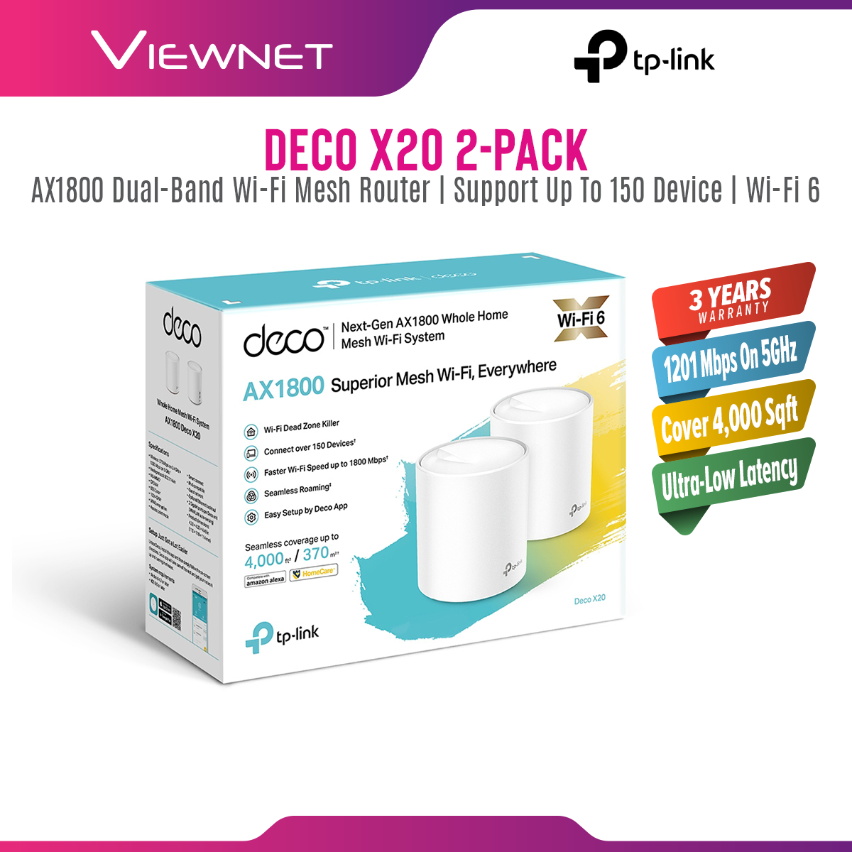 [Fast ShipmentðŸš€] TP-Link Deco X20 (2-Pack) WIFI 6 AX1800 Gigabit Whole Home Mesh WiFi Wireless Router Wi-Fi System TP-Link Deco X20 2 PACK